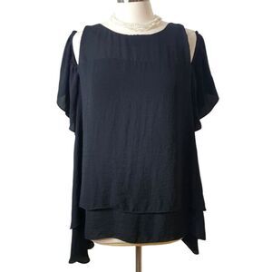 Boutique Womens 1X Blouse Black Cold Shoulder Chic Layered Y2K Loose Fit Festive